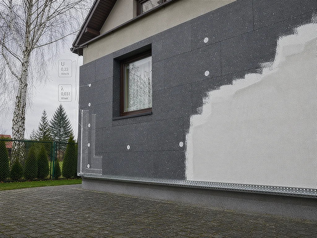 Montaż grafitowego styropianu i siatki na elewacji domu